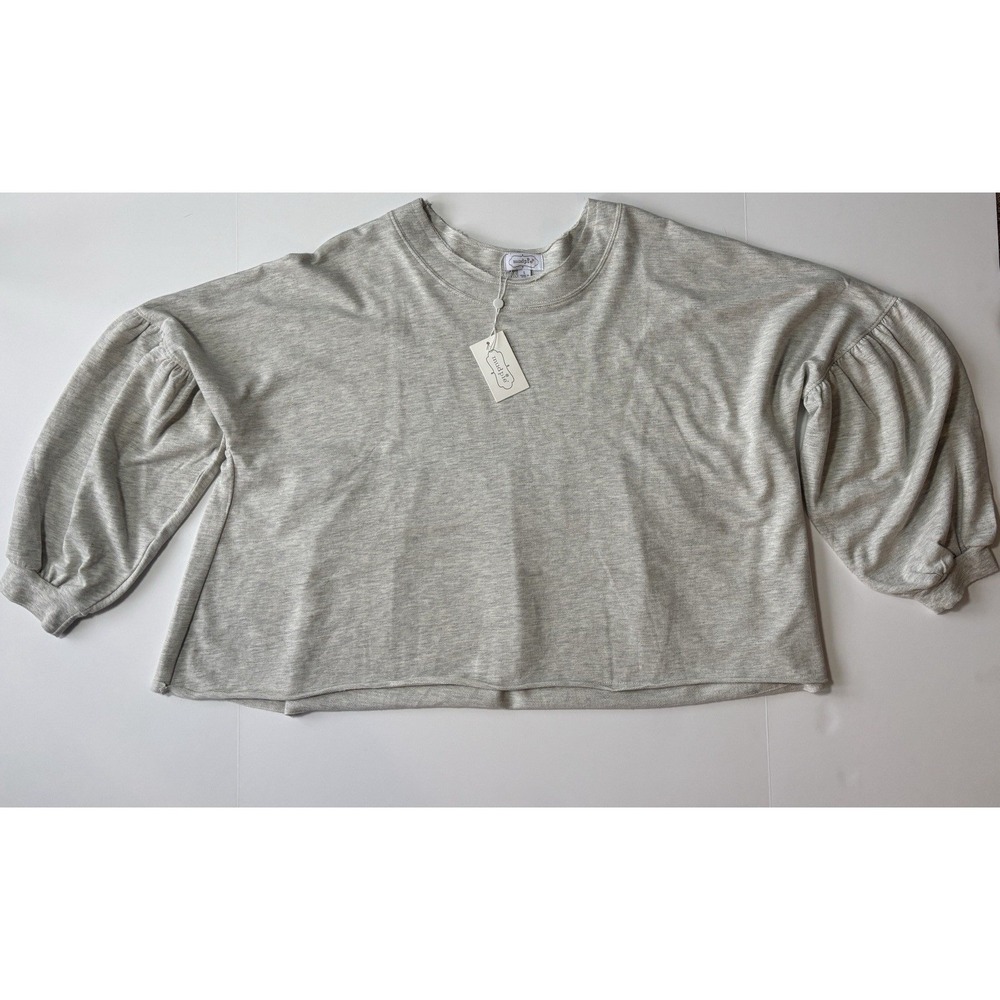 Mud Pie Landon Peplum‎ Top Oatmeal Heather Gray Balloon Sleeve Shirt NEW Large